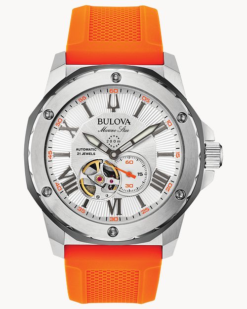 Bulova Marine Star Men s Silver Orange Silicone Strap Watch Bulova